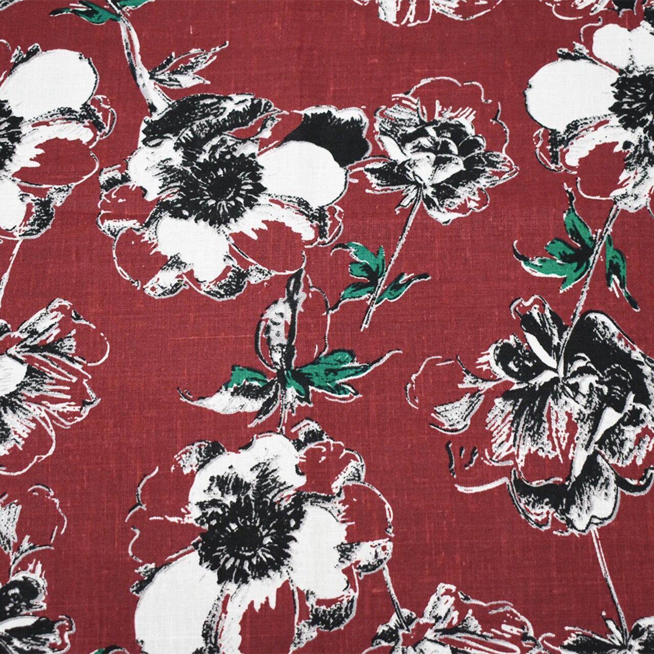 Red-Black-Green Floral Printed Linen Woven Fabric By the Yard